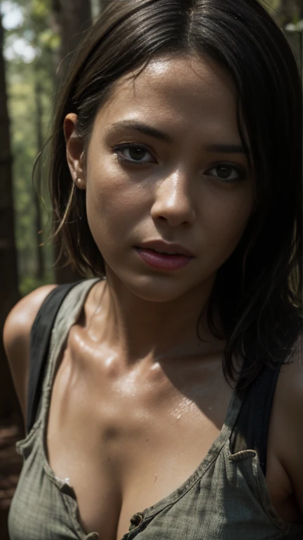  high quality  Erotic shot of Hailee Steinfeld as Lauren Cohan , (hail33 woman, long brown hair pulled back, hair bun, smiling, ) cute smile, movie  still , 40yo woman, extremely long straight hair :1.5, The Walking Dead Series , she is wearing a   sweaty tank top , standing , tanned skin , tight breast, erect nipples , cool wet apocalyptic area background , abs on belly, strong fit arms,  , celebrity, female,  woman, hollywood actress, random angle, erotic angles, random move, random action ,huge chest, deep cleavage ,seductive, tired woman, slight smile , fit muscular woman  ,  depth of field, insanely detailed skin texture, hyper detailed features 