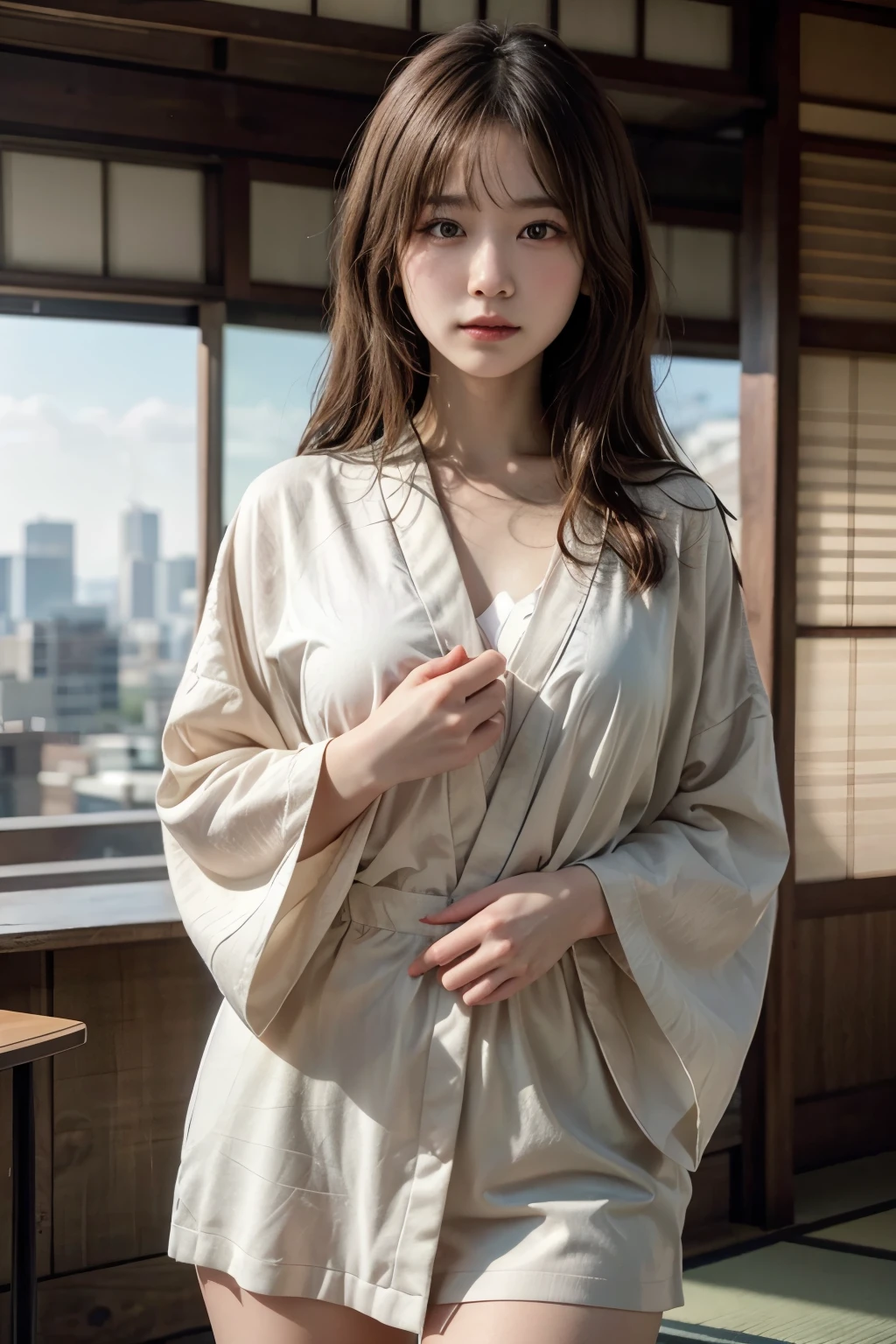 Bathrobes 22age((highest quality、8k、masterpiece:1.3))((Perfect glowing skin,Perfect Skin)) Browsing Caution Realistic White skin Thick pubic hair Bright room Bedroom Brown Hair bangs Wavy Hair