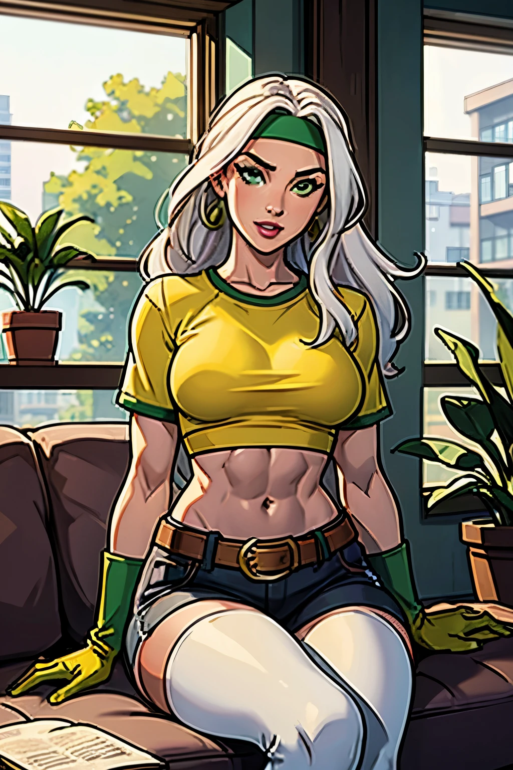 (masterpiece, best quality:1.2), classicrogue, 1girl, solo, long hair, breasts, big smile, open mouth, large breasts, brown hair, green eyes, big hair, white hair, multicolored hair, parted lips, open clothes, belt, two-tone hair, with gloves, lips, makeup, muscular, headband, abs, skin tight, multicolored clothes, muscular female, dyed bangs, yellow tshirt,  window, sitting, indoors, plant, couch, looking at viewer, closed mouth, blurry background, potted plant, building, expressionless, depth of field, book stack, day