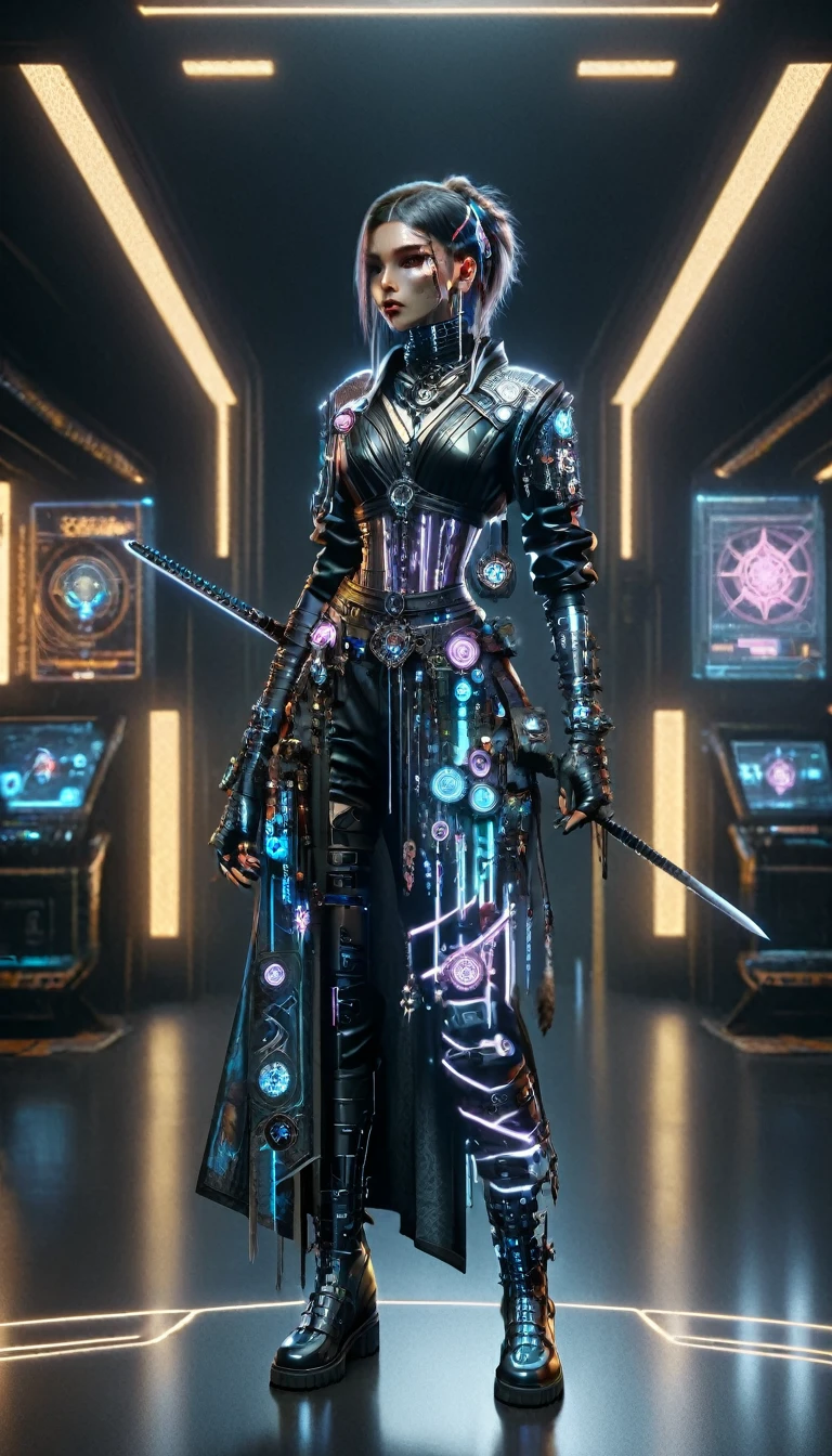 a woman in a futuristic outfit holding a sword and a sword, cyberpunk outfit, cyberpunk style outfit, cyberpunk fashion, cyberpunk dress, cyberpunk outfits, very beautiful cyberpunk samurai, cyberpunk angry gorgeous goddess, cyberpunk clothes, cyberpunk high fashion, cyberpunk fashion clothing, wearing cyberpunk streetwear, cyberpunk wearing, has cyberpunk style, cyberpunk style, cyberpunk aesthetics, cyberpunk look, style of cyberpunk