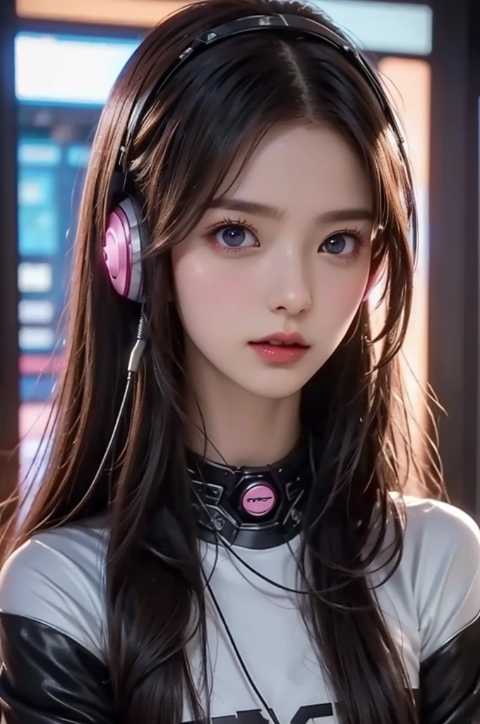   High image quality , 8k, Best Quality,    Details,   Semi-realistic animations , 3d anime style sex    ,   Smooth Anime CG  ,    one girl doing a prank  ,   A 20-year-old Japanese woman  , slim, modeling,    Shiny brown hair ,    Detailsな顔, Beautiful and    Details,       glowing skin     ,   Hard Focus  、   film grain ,   soft lighting ,   Viewers, Laughter、((     background is a cyberpunk style room with many monitors.......、  costumes are corded     、Long hair color pink、  Headset on  、Small tattoo on face、Female DJ、Viewersを見つめる ))