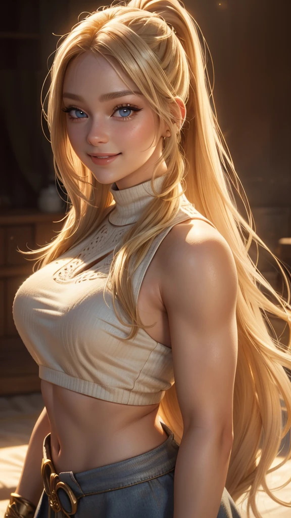 a beautiful young girl, 1girl, long blonde hair, ponytail, large breasts, smiling, cropped top, detailed face, beautiful eyes, long eyelashes, detailed lips, high resolution, 8k, photorealistic, hyperrealistic, intricate details, realistic skin textures, soft lighting, warm colors, cinematic lighting, natural lighting, vibrant colors