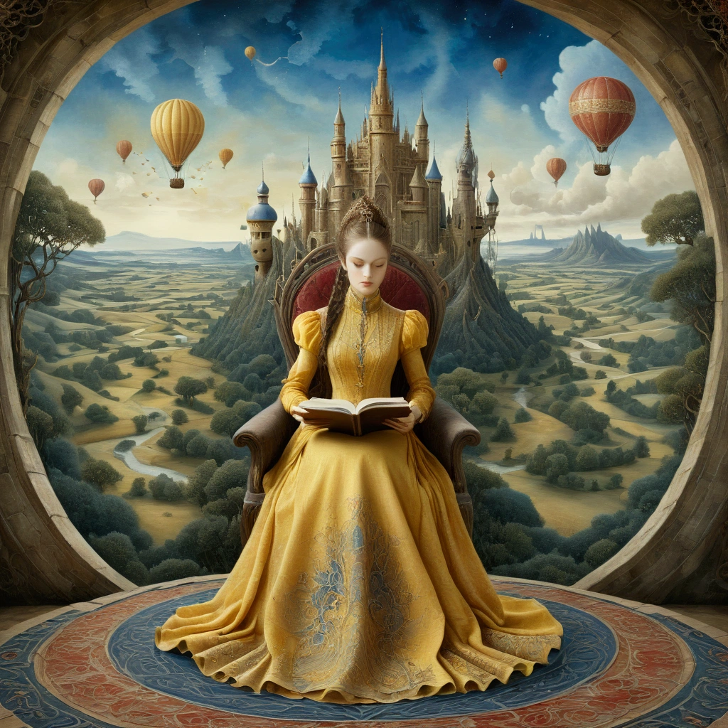 A whimsical watercolor painting by Jacek Yerka Paul Klee Jean-Baptiste Monge H.R.Giger Josephine Wall. An elegant woman, in a long mustard yellow dress decorated with intricate blue embroidery, reads a book lying on a red patchwork blanket.  I’m in the background of a great plain a dragon, castles with towers rising to the sky, drawbridges, hills, trees. In the sky clouds and hot-air balloons. refined details, . refined details. complementary color scheme, intricate details, epic scale
