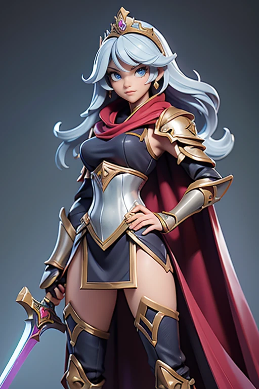 Q version of League of Legends Vi figure, wearing princess knight's armor, silver armor on bare skin, cape, large sword, thighs visible, standing with one hand on hip and legs spread, full length view,