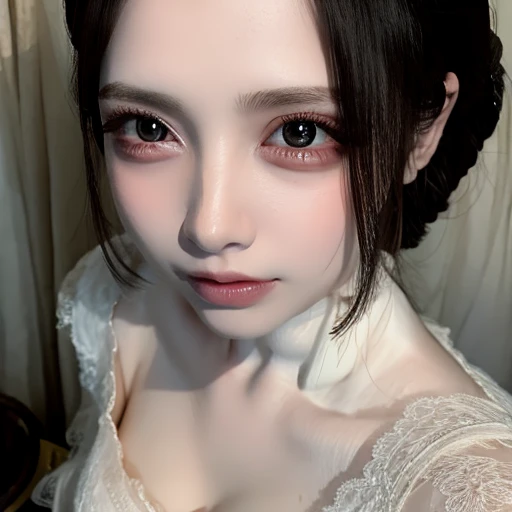 Canon 5DMk2 135mm, (highest quality) (masterpiece)), intricate details, sharp focus, professional, photorealistic, ultra-realistic, photorealism, silhouette lights, fine indications, top quality, CG Unity wallpapers highly detailed 8k, perfect artwork, full body, shiny hair, shiny eyes, glowing skin, 3 perfect realistic female figures, narrow waist, camera gaze, lace, seductive posture, sexy pose, Very delicate and beautiful girl, top quality, beautiful details, beautiful detailed eyes, soft lighting on the face, movie lighting, transparency, white ancient Chinese folk costume, see-through material, buttocks exposed, realistic expression of face, (complex details, makeup, (beautiful delicate face details, Beautiful detailed delicate eyes, perfectly proportioned face, highly detailed skin, detailed skin, best proportions four fingers and thumb, arms under the chest, big big breasts, smooth abdomen, thin and thin, fashion, solo, (thin makeup), highlighted face, detailed face, white skin, brown hair, ponytail, braided hair, big eyes, earrings, slim body, transparent background, Professional lighting, one girl, coiled hair, big, 27 years old,