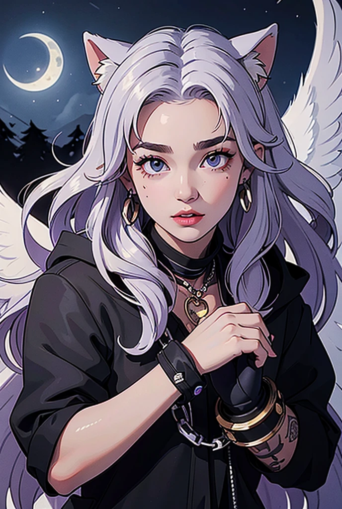 ( anthropomorphic cute wolf cub ) WOLF EARS, with a black jacket,  one blue eye and one white  , Heterochromia of the eyes ,,  shawl thin blond curly hair with purple ends ,bad girl ,  moon-shaped birthmark on the forehead  🌕🌙, hybrid ,young, portrait, ,  pose facing the camera ,  cartoon ,   dressed as a metal rocker costume from an 80s masterpiece , Confident Pose, youtuber, fleshy lips , piercings no nariz e nas WOLF EARS,  tattoos all over the body , tattoo de lua 🌙 acima dos seios, Black angel wings on the back .,   and a dark purple necklace around the neck  ,  A hand with a drag glove 