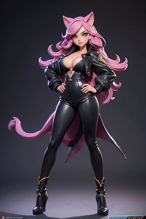 Q version of League of Legends Vi figure, wearing cat suit, black cat ears, cleavage, standing with one hand on hip and legs spread, full length view,