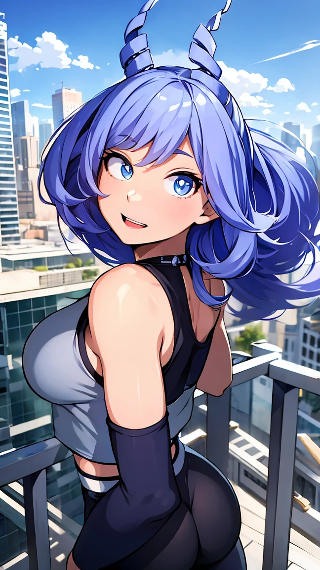 ( best quality:1.2), 1 girl, ( Artwork:1.2),  ray tracing  , cute face,  with his back to the viewer , face perfect, is shy about ,  ultra-detailed , against the backdrop of the city, detailed face, wallpaper 8 k ,(:1.2),  absurd resolution ,  Hado Nejire _, 1 girl,  blue eyes , hair is blue, big breasts,  Long hair , hair horns, double drills,  pierce hair , open air, ssmile, open mouth ,  cropped top leggings, Sprint