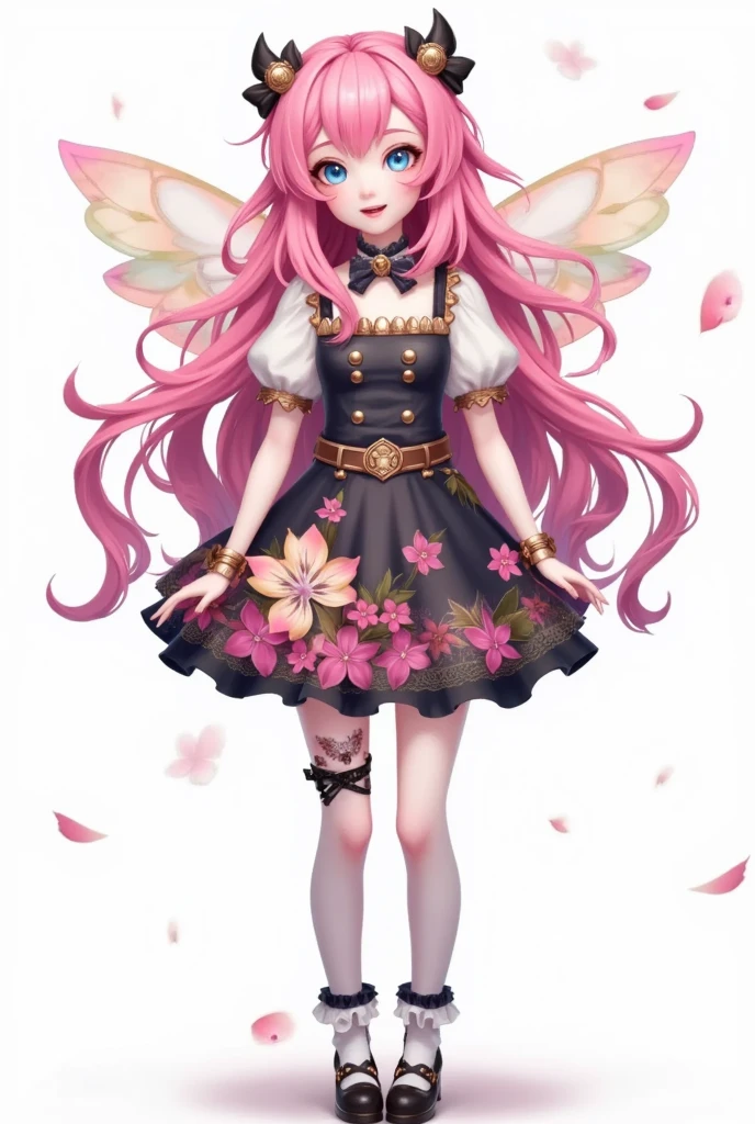 1 Girl,，Flower fairy skin， Pink Haired ， cutout,Open your mouth,, blue eyes,shoe, Simple Background ,A single pair of over the knee socks , Smile, alone , to a standing,Thigh socks,Uneven leg decoration,vampire, white background , Wings 