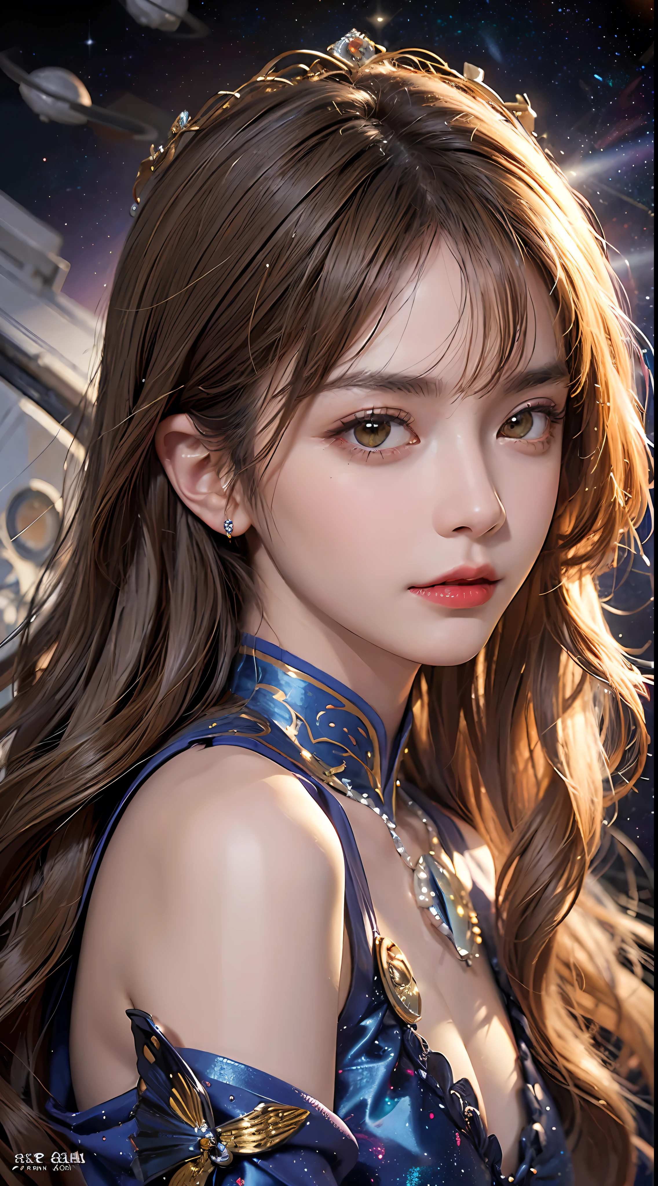 vintage portrait of a woman in the Japanese retro anime style of the 80s and 90s. The scene features a top model with wild hair, exuding confidence and allure. She stands in a dynamic, set against a soft brown and beige palette. The lighting reflections and shadows add depth and intensity to the scene. Her gaze is evocative and intense, aware of her own beauty and playing it up for the photoshoot. She is dressed in stylish, minimalist clothing that accentuates her form, with bold lipstick and eyeliner highlighting her sharp facial features. The background is minimalist, ensuring all attention is on her captivating presence. Emphasize her confident pose, wild hair, and the dramatic interplay of light and shadow, creating a nostalgic yet striking visual in the retro anime style.