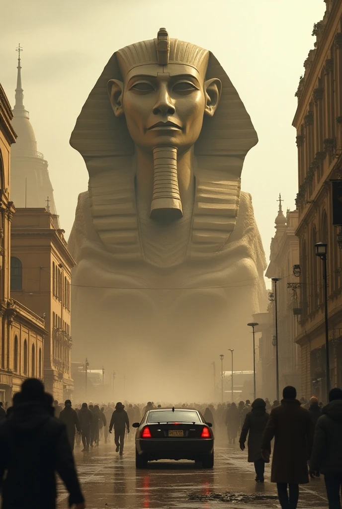  sci-fi、Horror、(The Sphinx has gained life )、( location is in Cairo city )、( sphinx rushing towards the crowd)、( people running away while screaming in fear 々、car)、((Panic!))、