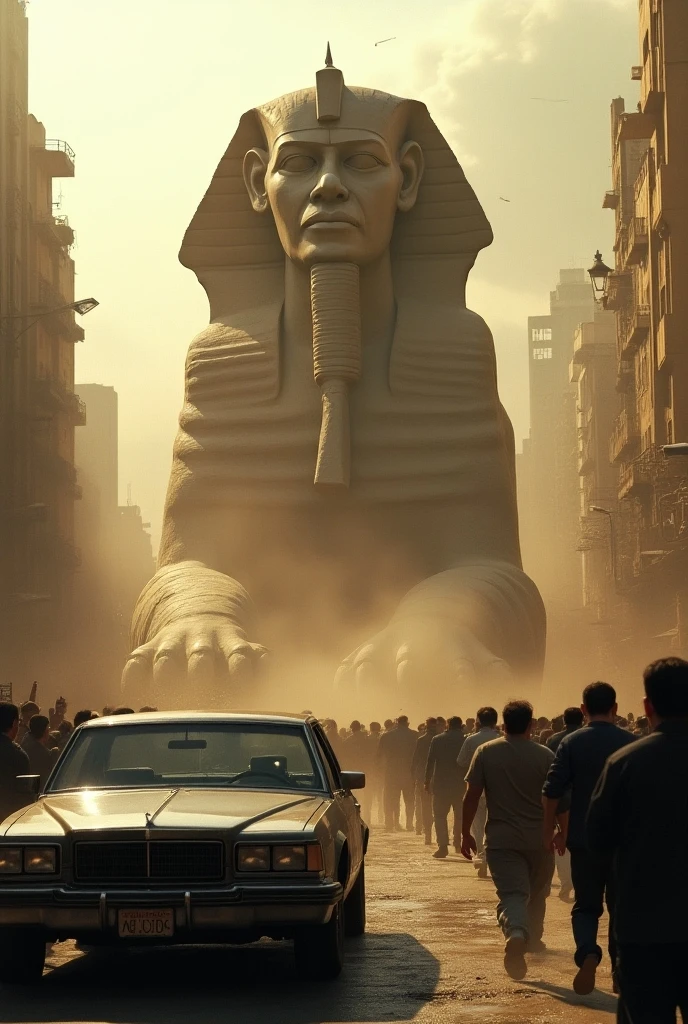  sci-fi、Horror、(The Sphinx has gained life )、( location is in Cairo city )、( sphinx rushing towards the crowd)、( people running away while screaming in fear 々、car)、((Panic!))、