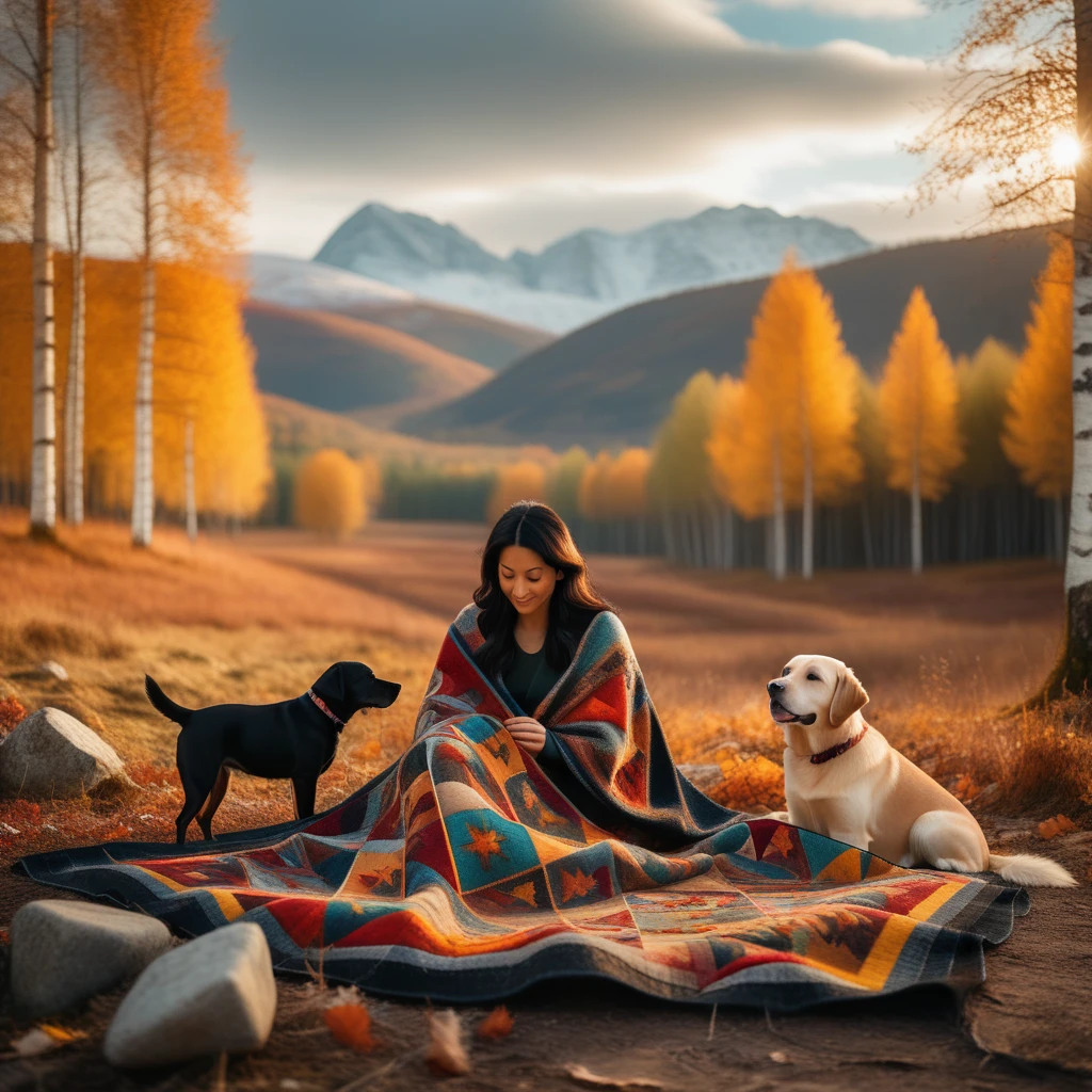 Landscape, a wide shot of a woman, balck hair, is sewing a wide patchwork blanket, with irregular triangular wefts with warm colors, brown ochre, red, sitting with her ((brown)) labrador dog, in a clearing of a birch and chestnut forest in autumn. In the background large valleys with high snowy mountains, white, blue, green textures . Solar disc, with texture to irregular rectangular texture.Patcwork sky of polychrome cracked hard stones. Long field. Long field
