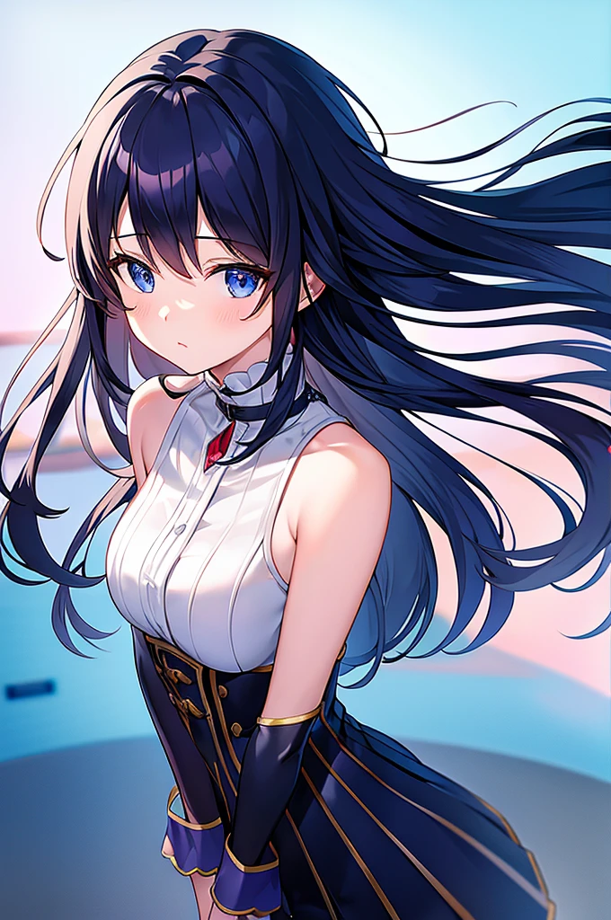 "Anime character girl, 18+, elegant black hair, mesmerizing black eyes, captivating beauty, gracefully proportioned, expressive features, alluring charm, tasteful attire, confident and charismatic aura, sex, long hair
