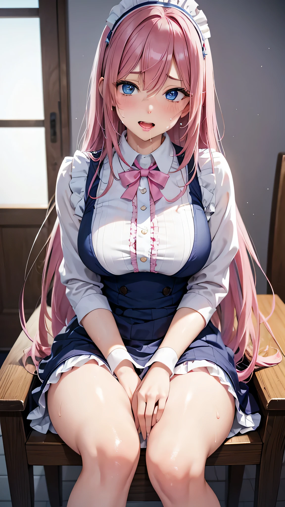  adult woman laughing, Alone,  sexy,8K resolution,((Best Quality)), ultra high resolution, ( Painful Face ), ( blue eyes),  Beautiful Symmetrical Face , ( Long Pink Hair), maid clothes, miniskirt,Maid Cufflinks,Realistic:1.4,Realistic:1.4,(masterpiece:1.2), perfect eyes,Perfect Eyes, anatomically correct human body,Perfect waist,Perfect thighs,(Open your mouth:0.8), sitting with legs open ,Grabbing the leg,(sweat:1.4), panties, sit on a chair,(tongue:0.8),saliva,Sigh,Disarray