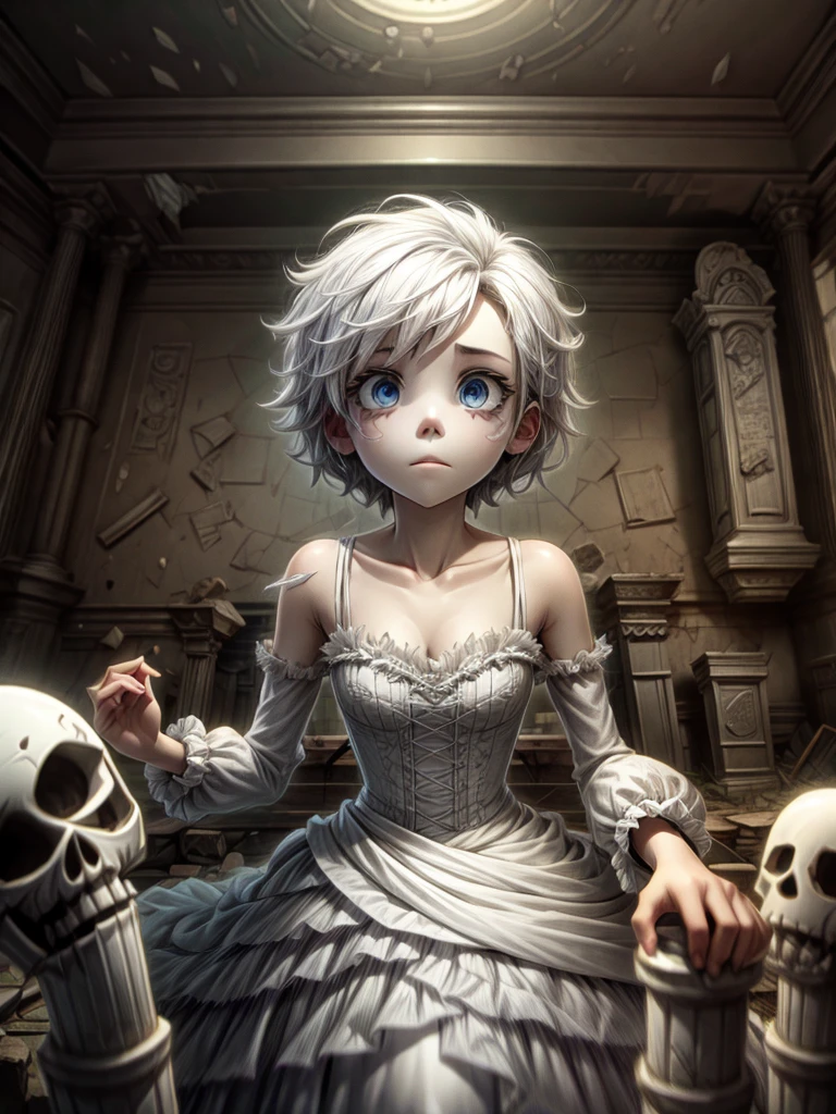 Detailed 8k ghostly ghoulish girl in frayed white dress inside ruins within ruins