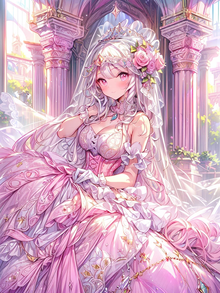 ((masterpiece)), (((best quality))), ((ultra-detailed)), ((illustration)), ((disheveled hair)), ((frills)), (1 girl), (solo), bare shoulders, blue eyes, bushes, castle, clothing, cloud, cloudy sky, crown, day, dress, female, flower, hand on chest, hand on own chest, headwear, jewelry, long hair, looking at viewer, necklace, outdoors, petals, pink dress, rose, silver hair, sky, strapless, strapless dress, tiara, two side up, very long hair, white hair, wind,