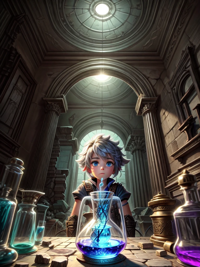 Detailed 8k alchemist girl with potions inside the ruins inside the ruins