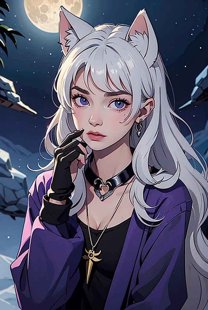 ( anthropomorphic cute wolf cub ) WOLF EARS, with a black jacket,  one blue eye and one white  , Heterochromia of the eyes ,,  shawl thin blond curly hair with purple ends ,bad girl ,  moon-shaped birthmark on the forehead  🌕🌙, hybrid ,young, portrait, ,  pose facing the camera ,  cartoon ,   dressed as a metal rocker costume from an 80s masterpiece , Confident Pose, youtuber, fleshy lips , piercings no nariz e nas WOLF EARS,  tattoos all over the body , tattoo de lua 🌙 acima dos seios, Black angel wings on the back .,   and a dark purple necklace around the neck  ,  A hand with a drag glove, приветствует рукой 