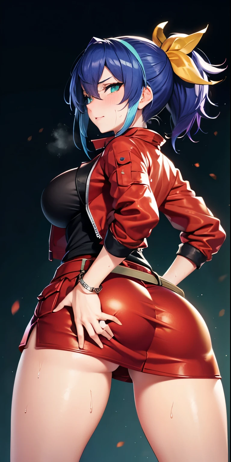 1 Female,High definition,high resolution,Ultra-realistic,8K,aaserena, yellow ponytail, ((multicolored hair)), red jacket, black shirt, belt, red skirt,(shorts under skirt), tight skirt, miniskirt ,jewelry,European,sexy,Upper body close-up,Photographed from the front,Dynamic Angles,blush, medium tits, naughty face, facial, sweat,(from behind),((huge ass)),(show ass), perfect face, perfect ass, perfect body,(wide thighs:1.3),cute face, multicolored hair 