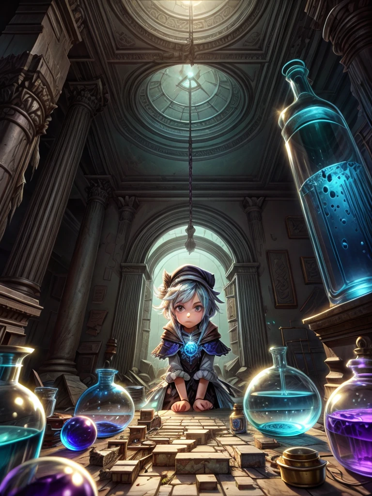 Detailed 8k alchemist girl with potions inside the ruins inside the ruins