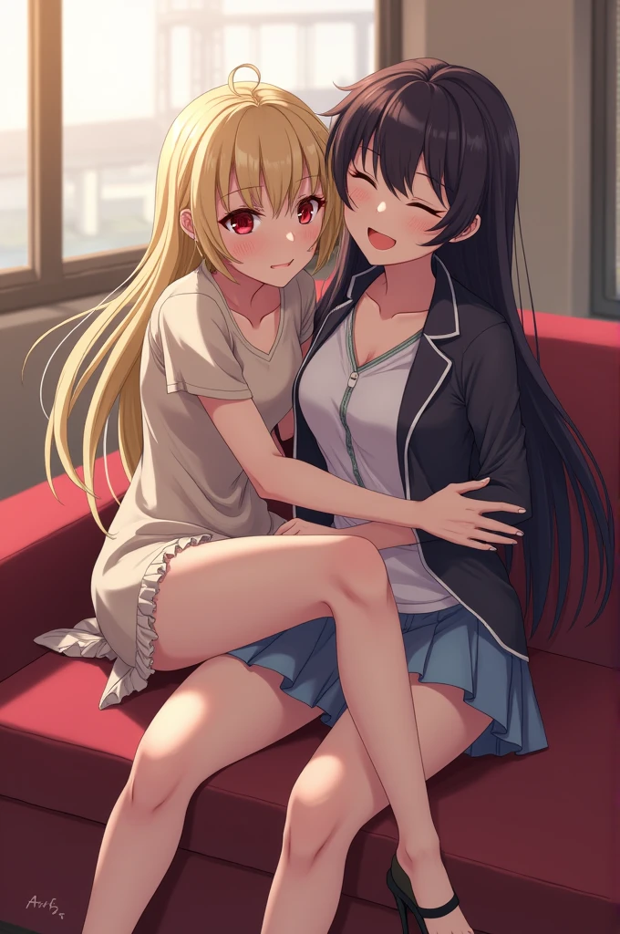 There are 2 teenage girls kissing while their breasts touch each other , They are not wearing a bra or shirt., They wear shorts that do not go below the waist and are very tight.