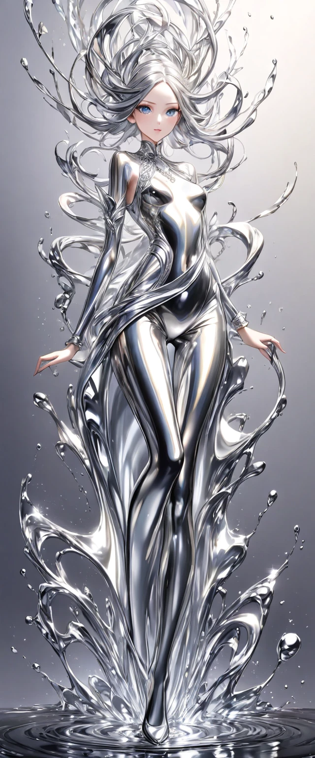  (No characters) Faucet Liquid Silver Metallic Shiny Silver Metallic Shiny Fluid Silver、Beautiful woman、Slender Full Body Liquid Art Style Detailed Intricate Masterpiece , Best Quality、 eyes are shining