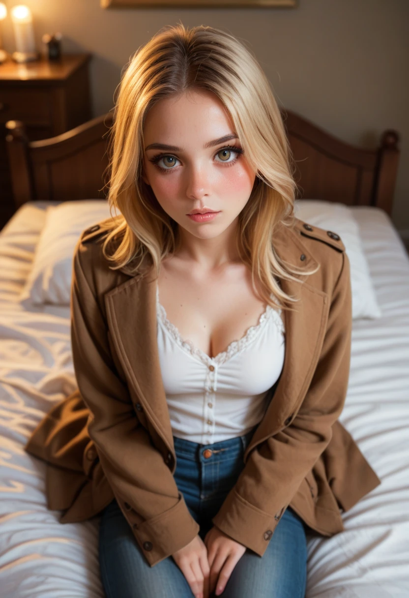 Highres, detailed, Cartoon, realistic, Maplef0x, pretty girl, pale_skin, from_above:0.7, young, straight long hair, mascara, 1girl, beautiful, nose_blush, horny_girl, teenager, sitting on bed, bedroom,((warm lightning)), bed_light, nightlight, brown coat, blouse, fluffy pants,pretty, blonde, looking_at_viewer, bokeh