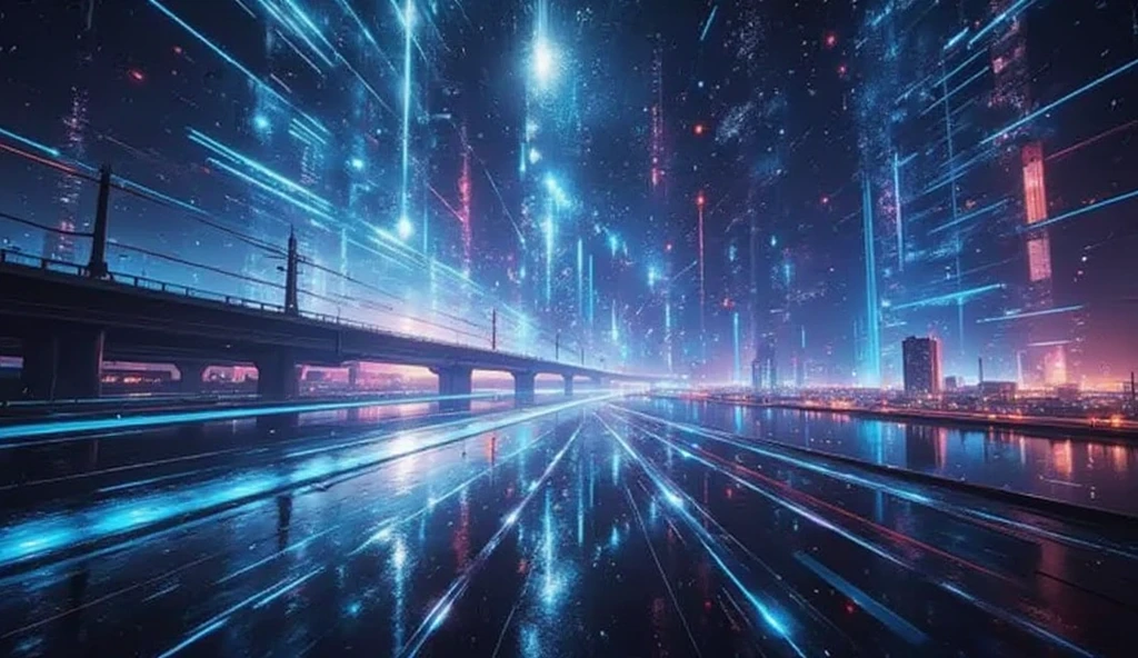 Un monde cybernétique avec une ville transparente, voies lumineuses, et des ruelles illuminées. La scène est remplie de couleurs vibrantes, Éléments numériques, et architecture futuriste , capturant un sentiment de technologie avancée et de réalité virtuelle. Incluez des détails comme des flux de données flottants et des néons, créant une atmosphère envoûtante.、chef-d'œuvre,meilleure qualité, ultra détaillé ,8k portrait,fond d'écran unity 8k, illustration supene ,arrière-plan très détaillé,arrière-plan très détaillé