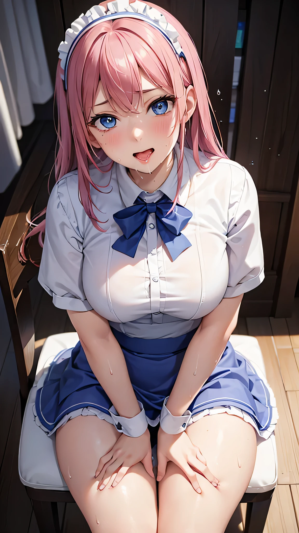  adult woman laughing, Alone,  sexy,8K resolution,((Best Quality)), ultra high resolution, ( Painful Face ), ( blue eyes),  Beautiful Symmetrical Face , ( Long Pink Hair), maid clothes, miniskirt,Maid Cufflinks,Realistic:1.4,Realistic:1.4,(masterpiece:1.2), perfect eyes,Perfect Eyes, anatomically correct human body,Perfect waist,Perfect thighs,(Open your mouth:0.8), sitting with legs open ,Grabbing the leg,(sweat:1.4), panties, sit on a chair,(tongue:0.8),saliva,Sigh,Disarray