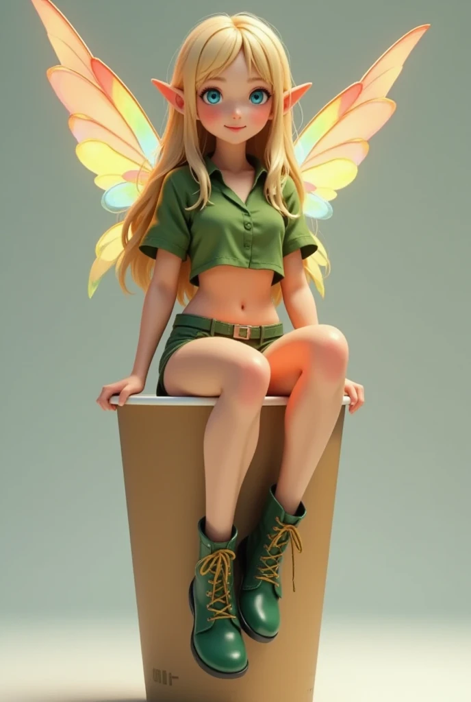 Super realistic illustration, Detailed Fantasy art, Cinema 4D rendering, 1 Androgynous skinny Elf, Feminine face, solo, full body, A small-sized elf with transparent wings that shine with the rainbow color is sitting on the Paper cup with lid, looking up at the viewer and smiling. long blonde hair, Azure big eyes. green short puff sleeve cropped shirt, green low rise shorts that expose the groin, green lace-up boots, simple background