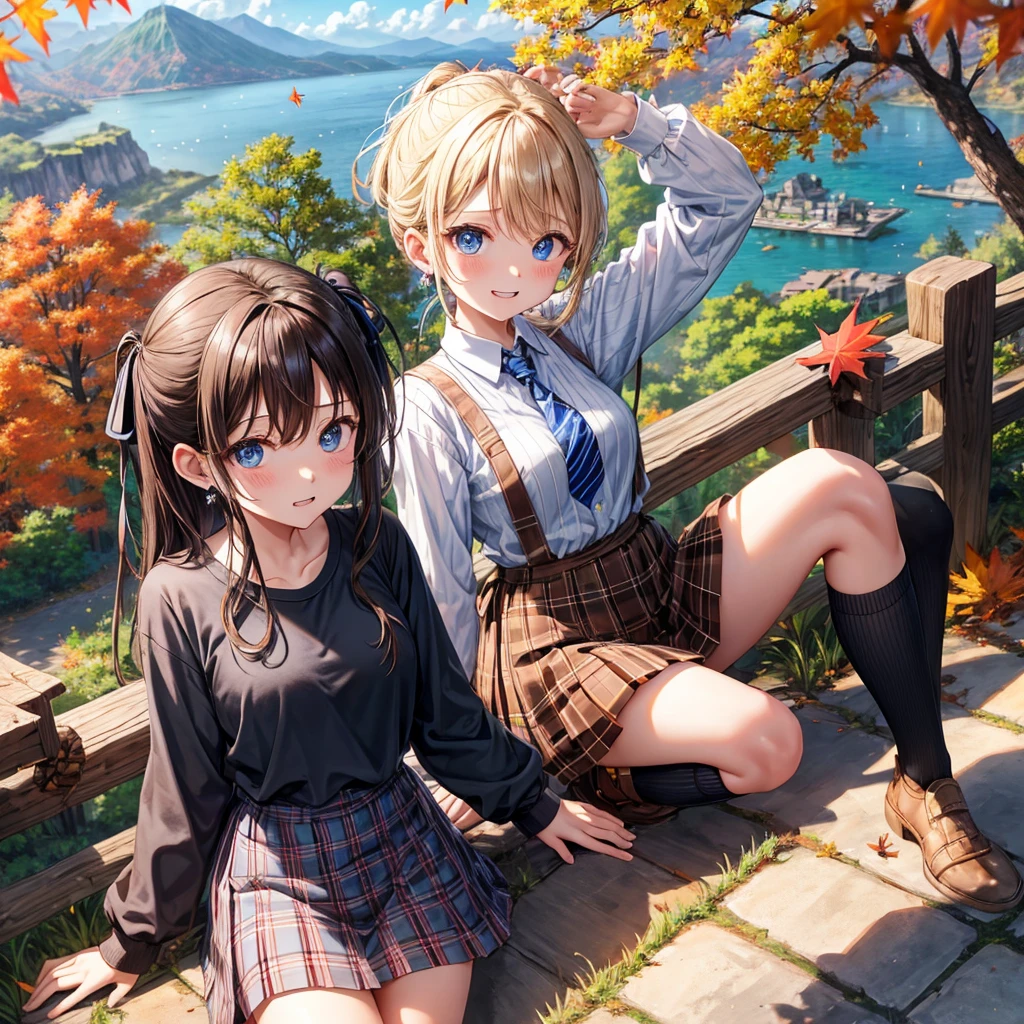 Masterpiece, 1 girl, smiling, european, skirt, (small) chillerism, short blonde hair, Neuschwanstein Castle, summer