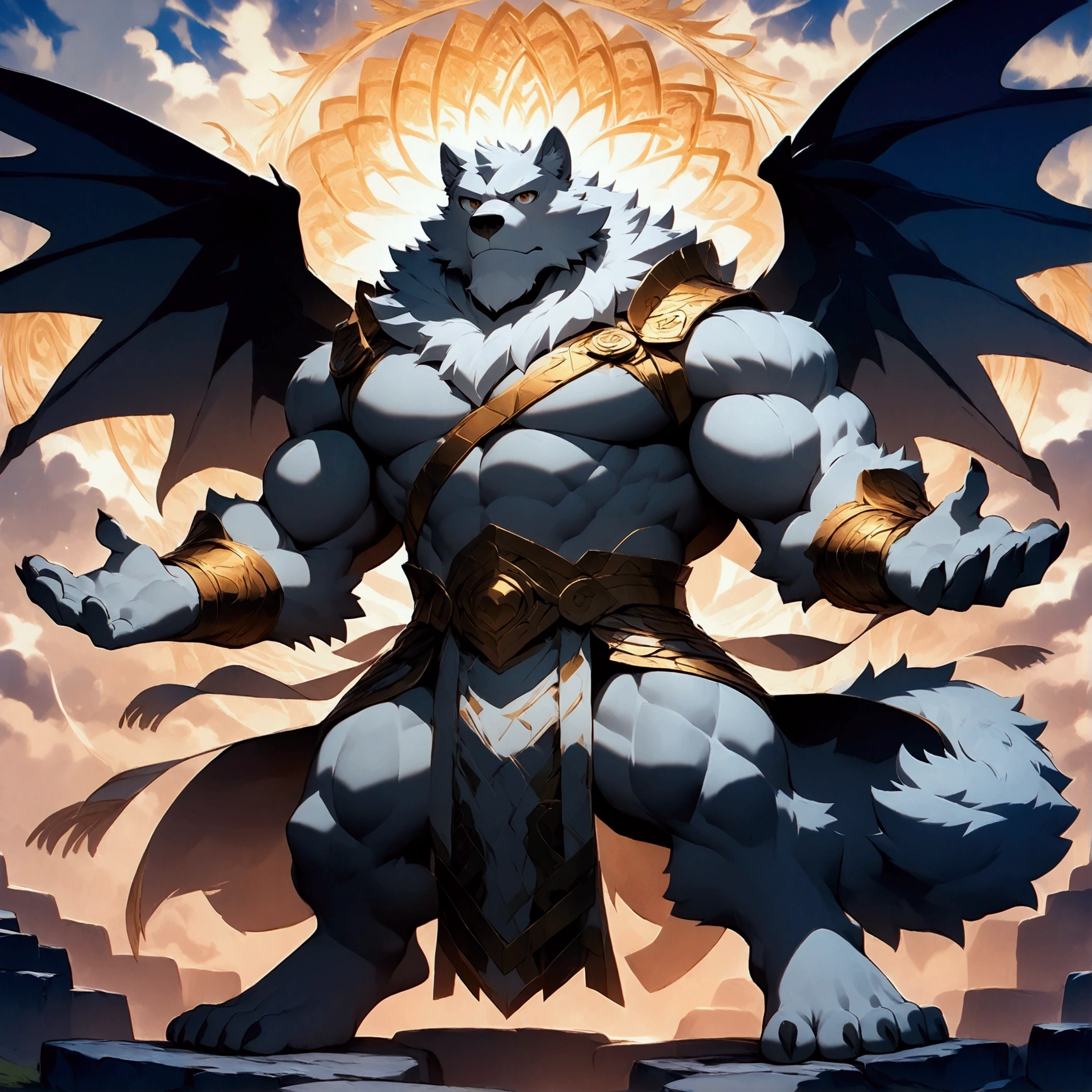 character focus, full body, looking away, dynamic angle, full body in Michelangelo Buonarroti style, housamo style, digital illustration anime, BREAK muscular middle-aged daemon man, silver gray skin, megabat wings, complete anatomy, perfect proportions, beautiful thigh gap, fluffy body, intricate fur details, beautiful fur texture, BREAK (a detailed elegant daemon 1 tail), detailed toe, 5toes, 5toes nails, beautiful foot, BREAK detailed hands, 5fingers, 5fingers nails, BREAK aesthetic anime face, insanity detailed face, male face, big face, square jawline, aesthetic anime eyes, detailed brown eyes, detailed brown cornea, detailed dark brown irises, detailed pupils, male eyes, big eyes, male eyebrows, innocent look, beautiful beard, BREAK costume clothes, armor, loincloth, perfect composition, fighting, quantum electromagnetic life form force, dynamc pose, detailed painting landscape, kaleidoscopic swirls, old castle, indoor, full color HDR, BREAK masterpiece, official art, best quality, very aesthetic, absurdres, super fine illustration, great quality, BREAK noise reduction, very highres, large filesize, high quality, 32K, 8k wallpaper, dynamic lighting, BREAK insanity detailed, ultra detailed, intricate details, extremely detailed, detailed texture, an extremely delicate and beautiful, BREAK e621 illustration, osukemo, kemohomo, anthropomorphic, furry, cartoon, harmonious body, pastoral face, virtuous eyes, epic atmosphere