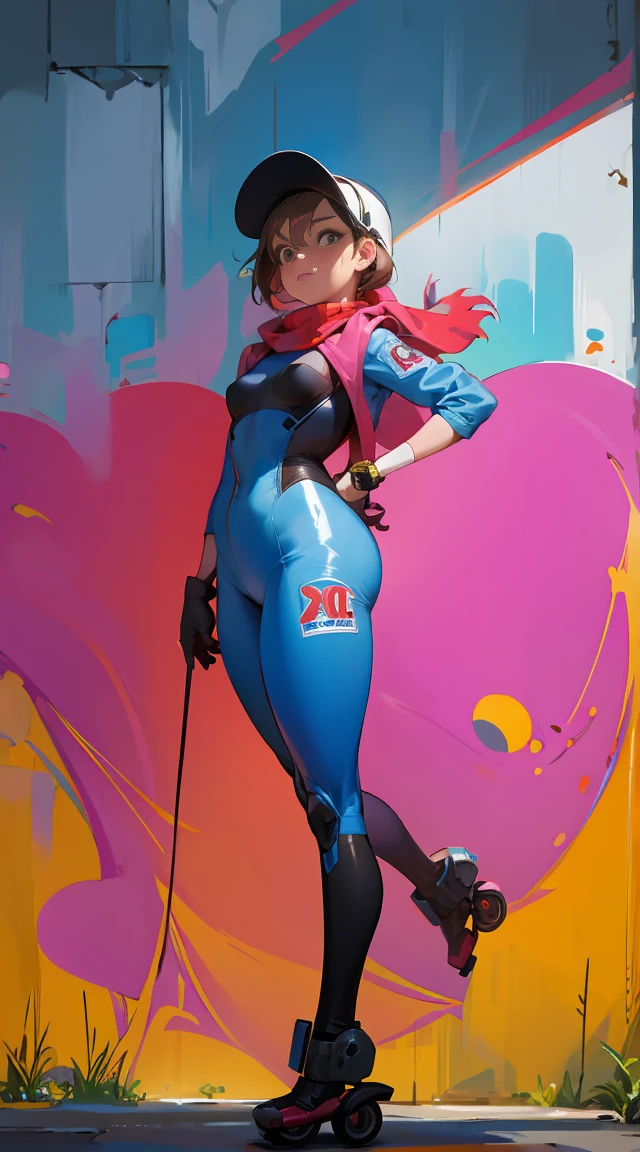 short woman, (ultra detailed,ultra high res,detailed background),((2D)),1girl,solo,looking at viewer, spray paint, graffiti, girl in a colorful fencing suit, long plush scarf, full body image, adult woman, anatomically perfect face, face in focus, symmetrical face, (small breasts), rollerskates, wearing a 1950's scifi helmet with a visor, big sunglasses