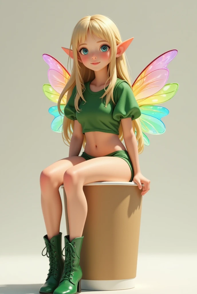 Super realistic illustration, Detailed Fantasy art, Cinema 4D rendering, 1 Androgynous skinny Elf, Feminine face, solo, full body, A small-sized elf with transparent wings that shine with the rainbow color is sitting on the Paper cup with lid, looking up at the viewer and smiling. long blonde hair, Azure big eyes. green short puff sleeve cropped shirt, green low rise shorts that expose the groin, green lace-up boots, simple background