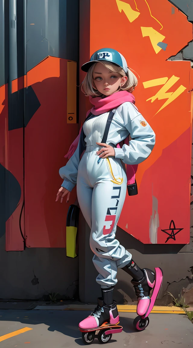 short woman, (ultra detailed,ultra high res,detailed background),((2D)),1girl,solo,looking at viewer, spray paint, graffiti, girl in a colorful fencing suit, long plush scarf, full body image, adult woman, anatomically perfect face, face in focus, symmetrical face, (small breasts), rollerskates, wearing a 1950's scifi helmet with a visor, big sunglasses