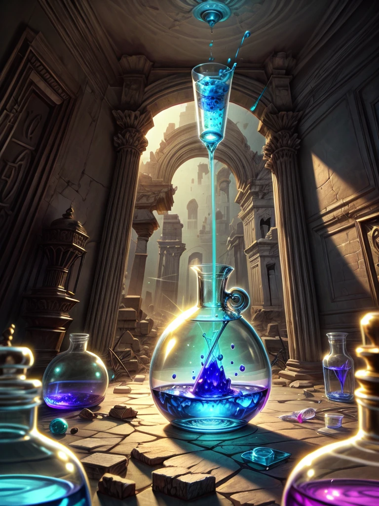 Detailed 8k alchemist girl holding potions potions inside the ruins inside the ruins