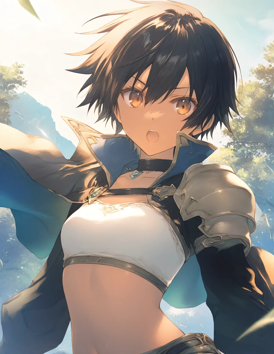 1girl, tomboy, little female, small breasts, open mouth,  outdoors,wind, fantasy, game CG, break,((artist:mitsumi_misato)),(artist:fujiyama),(artist:suzumori),(masterpiece), (best quality), (ultra-detailed), very aesthetic, newest, beauty illustration,super detailed skin, shiny skin, (masterpiece), (best quality), (ultra-detailed), very aesthetic, newest, ,hi res,absurd_res,2023,shaded,digital media (artwork), realistic lighting, 4k, 8k,