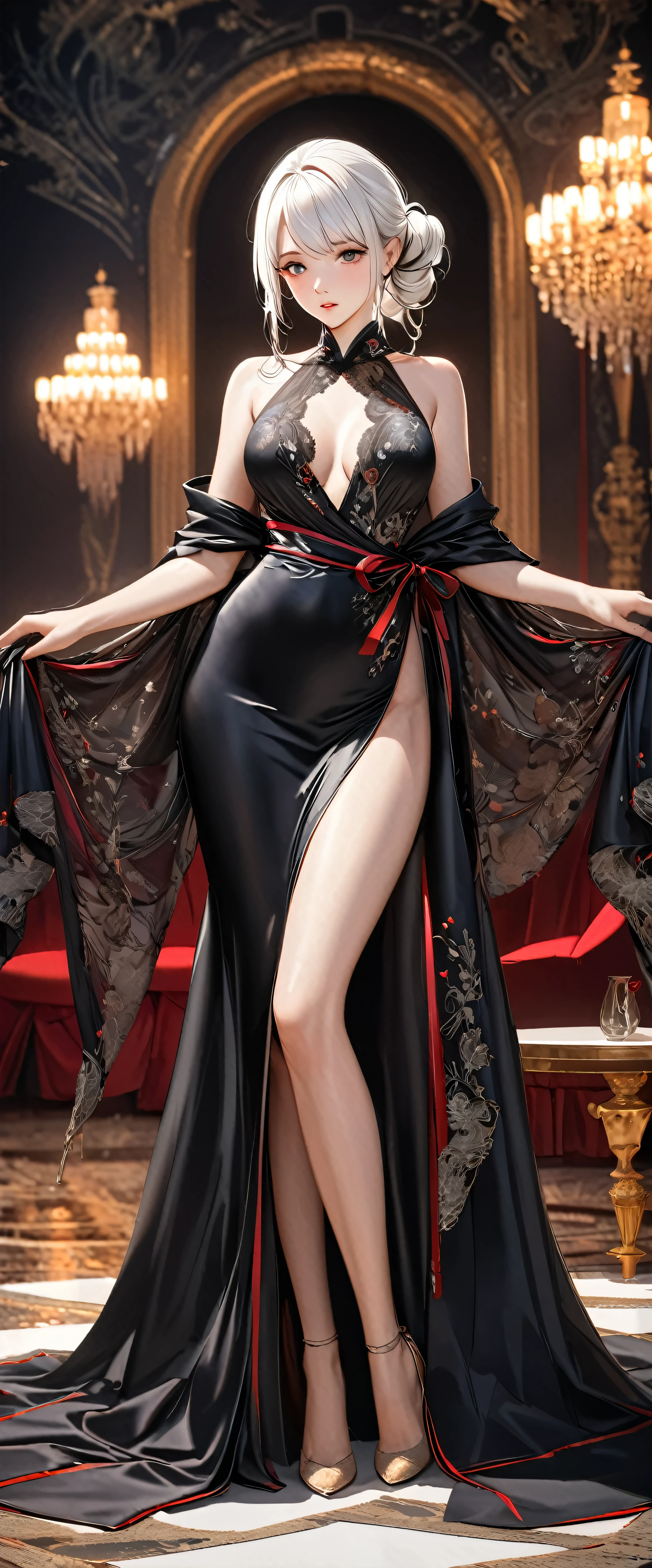 Cindy Moon, Silk, in a bedroom, flirting, wears a (black spider-man robe), robe includes a (red spider emblem) on the chest, (long black hair), (full body render), (full body view), fine detail, hyper realistic, HD, 4K, definition, texture, perfect detail, perfect face, beautiful, hyperrealism, trending on artstation