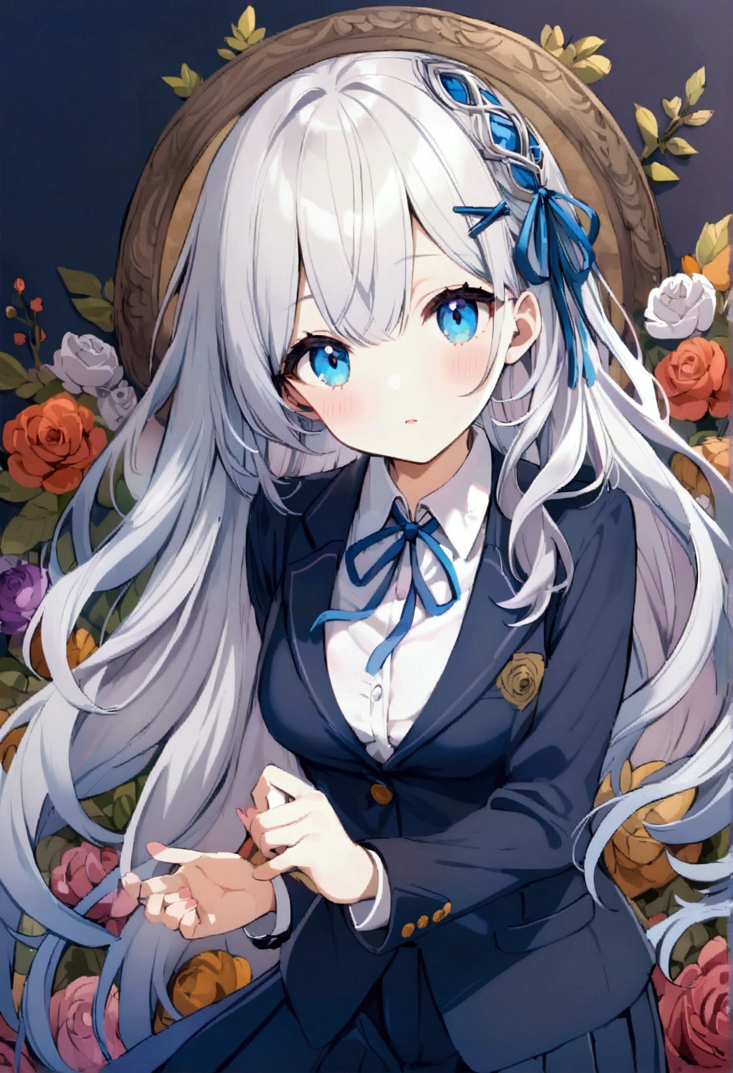 cute , long silver hair, blue eyes, school uniform 