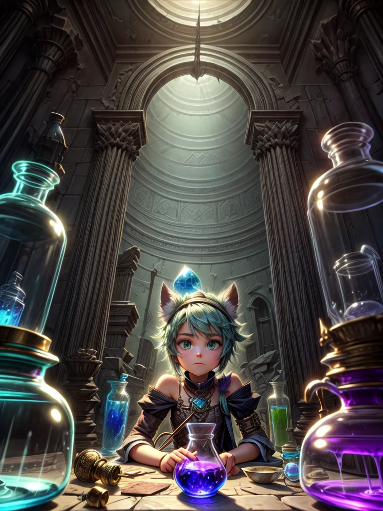 Detailed 8k alchemist girl holding potions potions inside the ruins inside the ruins