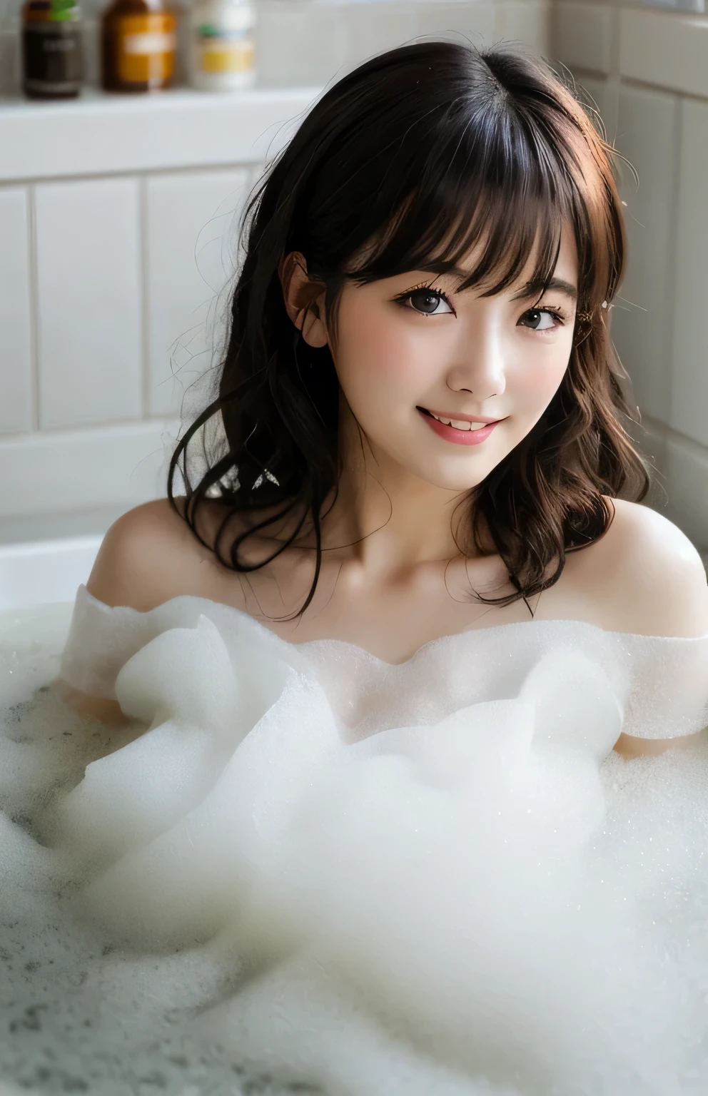 masterpiece,  Highly Detailed CG Unity 8k Wallpaper,  young woman, 20s,  Japanese idol, Upper Body, Beautifully detailed face, parted lips,  Medium Hair , Disheveled Hair,  asymmetrical bangs , Chestnut Hair,Luxury hotel bathroom, Soak in a bubbly bubble bath, Soap bubbles covering the bathtub, Smiling at the camera