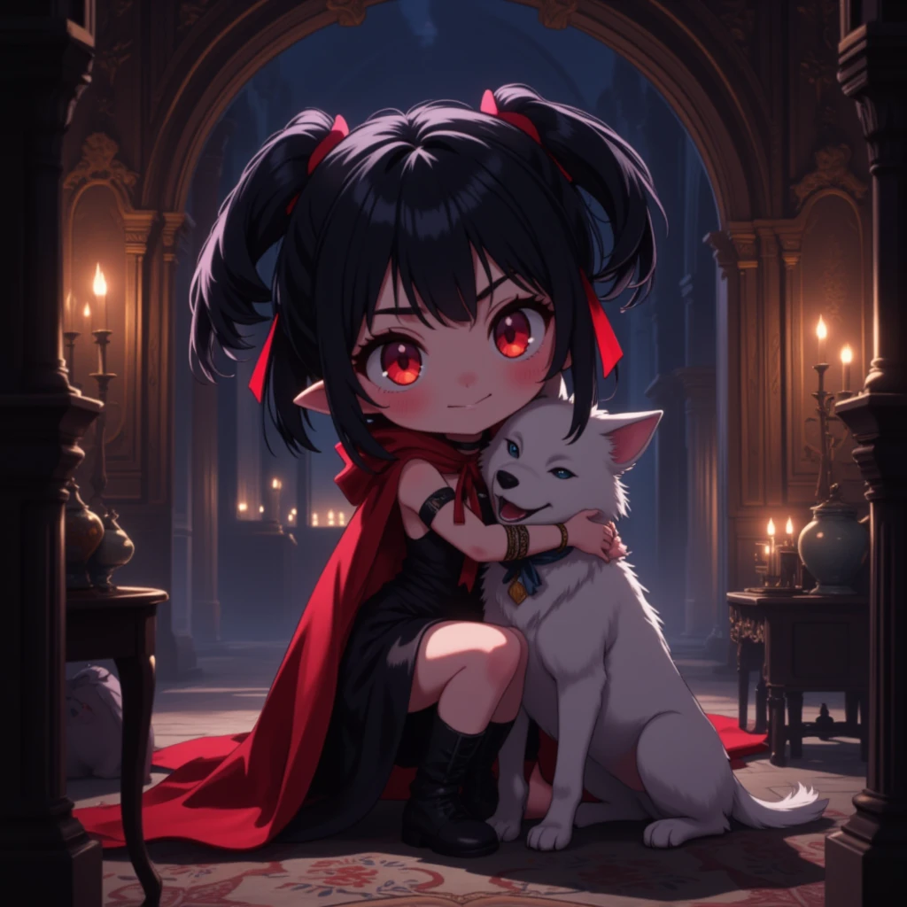 Super realistic illustration, Cinema 4D rendering, A super deformed vampire girl, full body, smirk, black hair, short ponytail with red ribbons, red eyes, beautiful eyes with snake pupils, pointy ears, black sundress with red cloak, high leather boots, She is hugging a super deformed white wolf, cozy palace background, indoor, at night