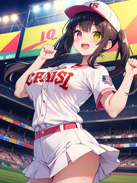 ((masterpiece, best quality, highest quality, ultra-detailed, 32K cg wallpaper, high resolution)),1 woman,black hair,brown eye,very long ponytail hair,swept bangs,gigantic breasts,smile,parted lips,black cap,white baseball uniform, white shorts, short shorts, standing,from left in front,stadium,