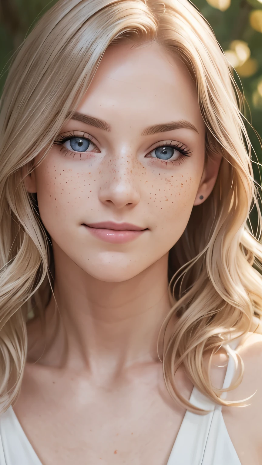 woman, Americana, Age 30, pale skin and freckles, gray eyes, delicate nose, soft and delicate lips, far away, blondie far away and wavy waist length hair, sweet smile, face with delicate feminine facial features, highly rendered, pose dinamica, modelshoot, pose dinamica, 