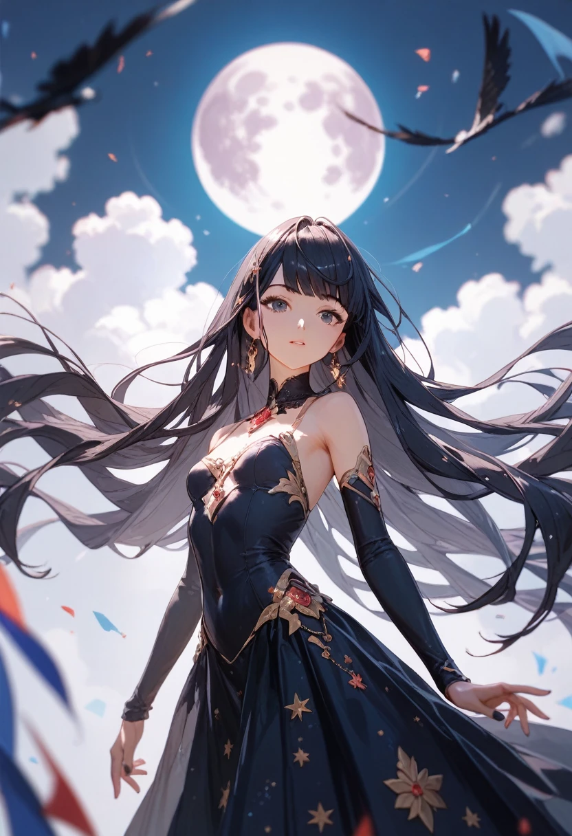 Score_9,Score_8_up,Score_7_up,highest quality anime,masterpiece,extremely detailed,depth of field,high-resolution,1 girl,slim,small breasts,(black long hair,straight bangs),(Ideal slender proportions),(noble's dress),(standing in front of (huge full moon:1.5) at her back),midnight