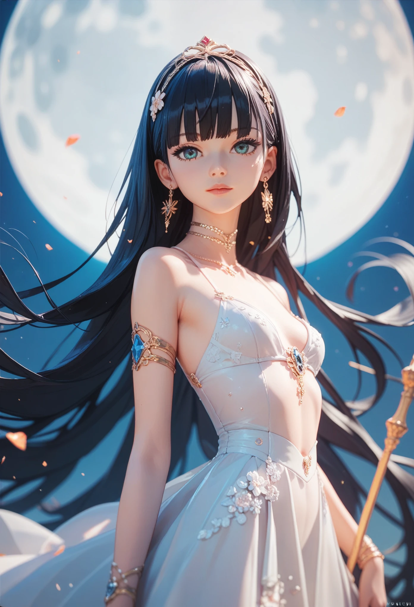 Score_9,Score_8_up,Score_7_up,highest quality anime,masterpiece,extremely detailed,depth of field,high-resolution,1 girl,slim,small breasts,(black long hair,straight bangs),(Ideal slender proportions),(noble's dress),(standing in front of (huge full moon:1.5) at her back)