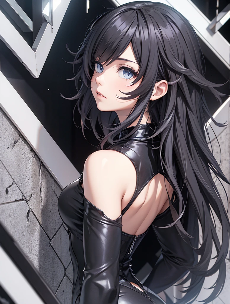 pixiv, 1girl, bangs, dark purple hair half blue, deep and detailed blue eyes, melancholic expression, black leather clothing, serious expression, eyelashes, modern, long hair, slightly wavy hair, neckline, collarbone, black open jacket, lock, medium breasts, shiny skin, badass, seductive, lock, red lips, looking at viewer, closed mouth, cinematic lighting, pale skin, dark background, wavy hair, {beautiful detailed eyes:1.5}, detailed black clothing, cinematic light, shaded face:1.5, dynamic angle:1.5, extremely detailed, volumetric lighting, delicate girl, cleavege, mature female, {masterpiece:1.5), {ultradetailed:1.5) film camera, chromatic aberration:1.5) (HDR:1.9), (CG:1.5), (specular lighting:1.1) Very dark and detailed background:1.21) expressionless, dark atmosphere, long wavy hair, loose hair, hair ornament, dynamic angle, dynamic pose, dramatic shadow, cinematic shadow, hard shadows:1.21), {traditional media:1.5), expressionless, mature female, mysterious look, sharp eyes, modern landscape, modern, focus on torso, focus on face, dynamic pose, pants