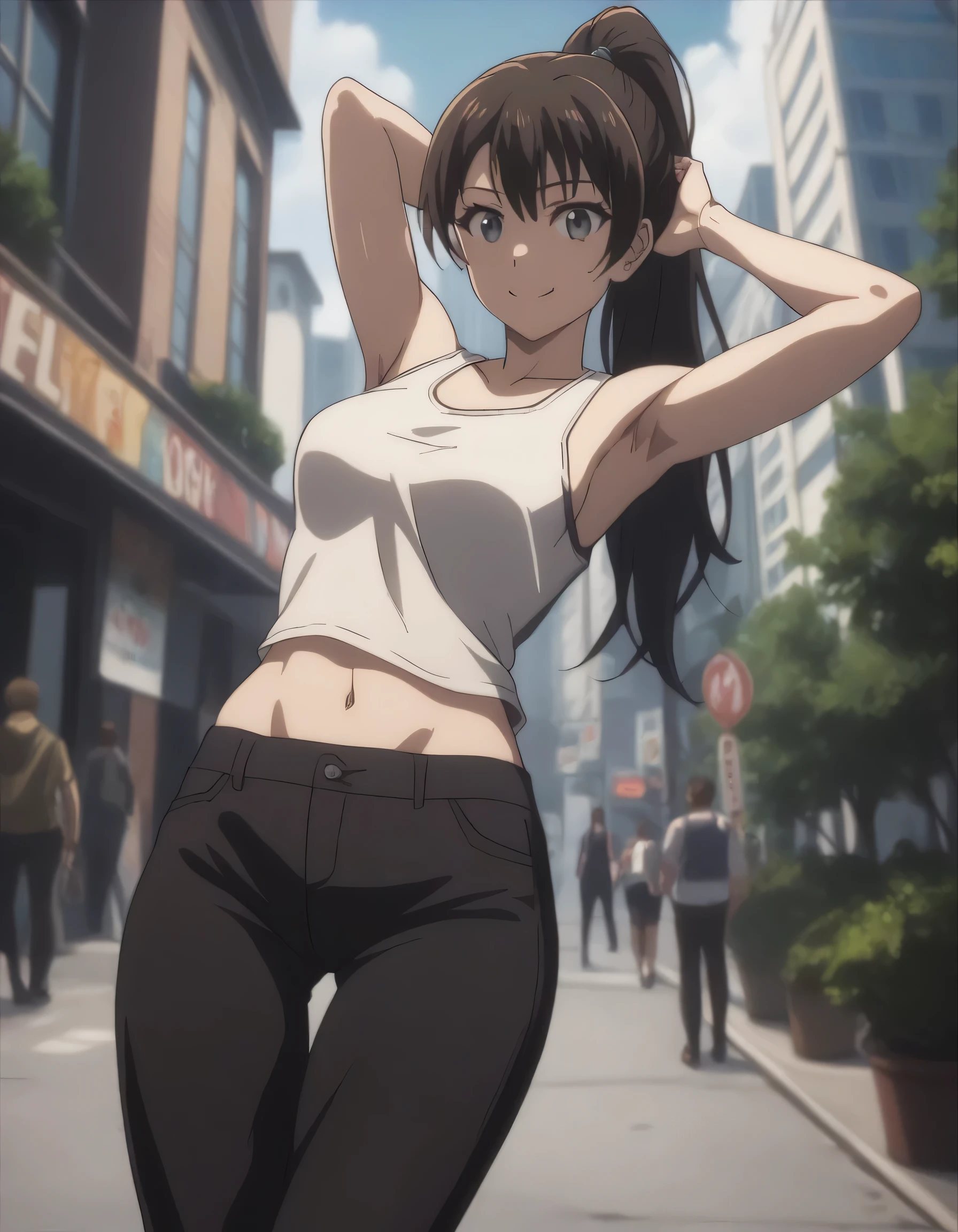 score_9, score_8_up, score_7_up, gsfghtr, ponytail, white tank top, 1girl, smile, (navel), black pants, building, (armpit), (thigh)