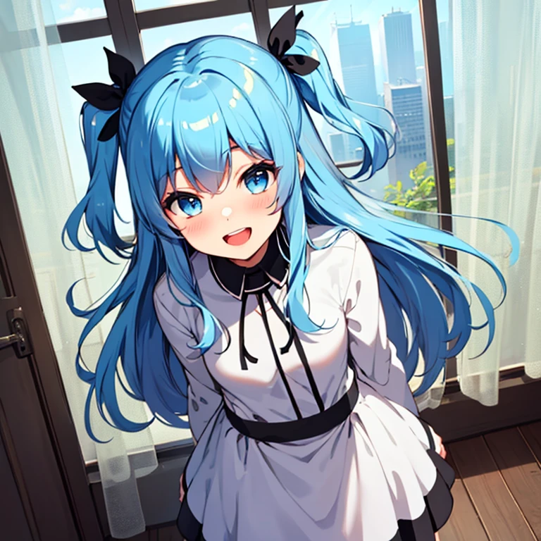 Noel, blue eyes, blue hair, long hair, two side up, black ribbon, hair ribbon, 1girl, solo, smile, dress, looking at viewer, open mouth, standing, cowboy Shot,room, flooring, curtain